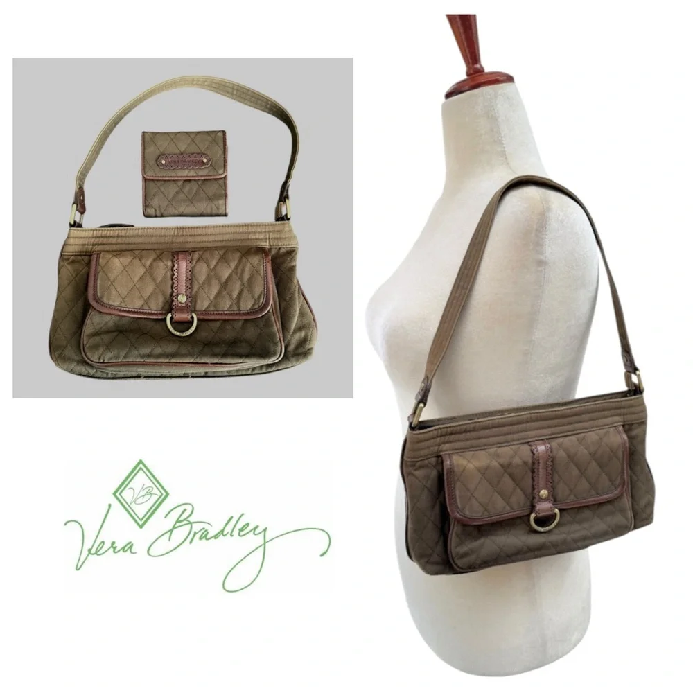 Vera Bradley Middleton Olive Khaki Quilted Shoulder Bag Satchel Set Rare Y2K